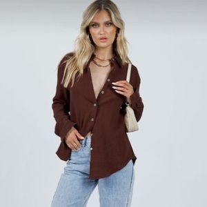 Brown button up blouse size Large